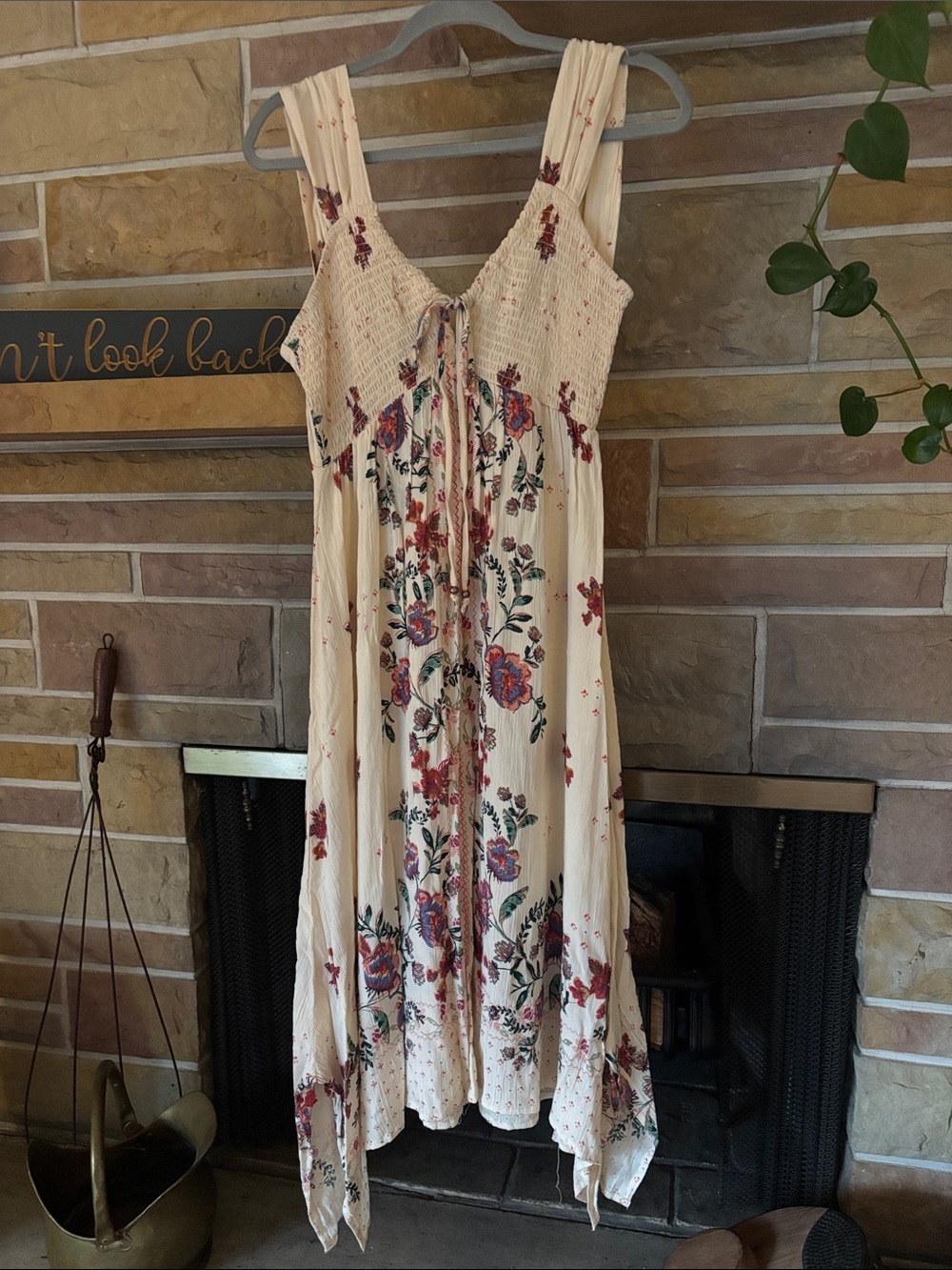 Angie Cream Floral Smocked Maxi Dress with Tie Front size M. Like new.